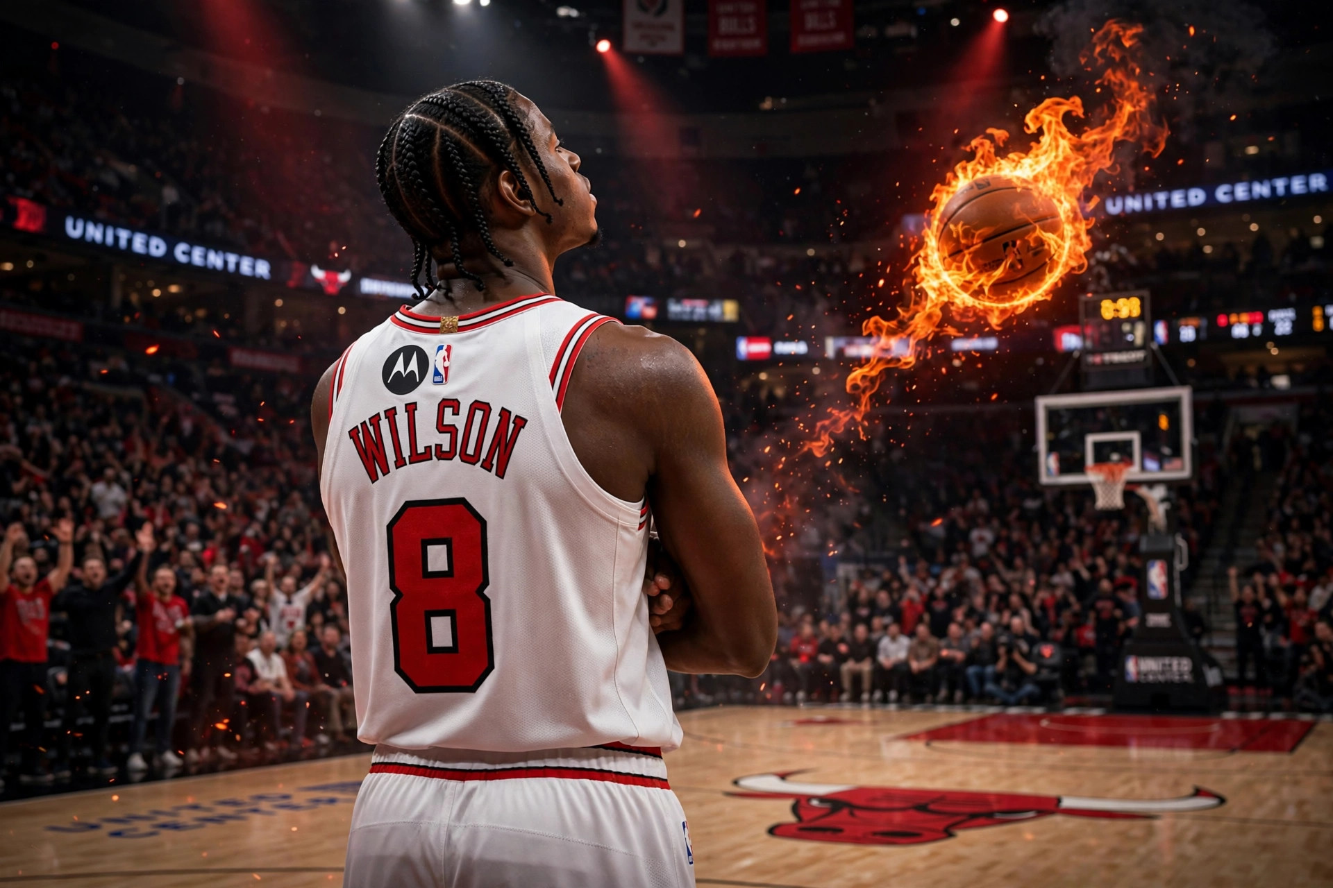 Illustration of Caleb Wilson with arms crossed watching a flaming basketball arc toward the hoop