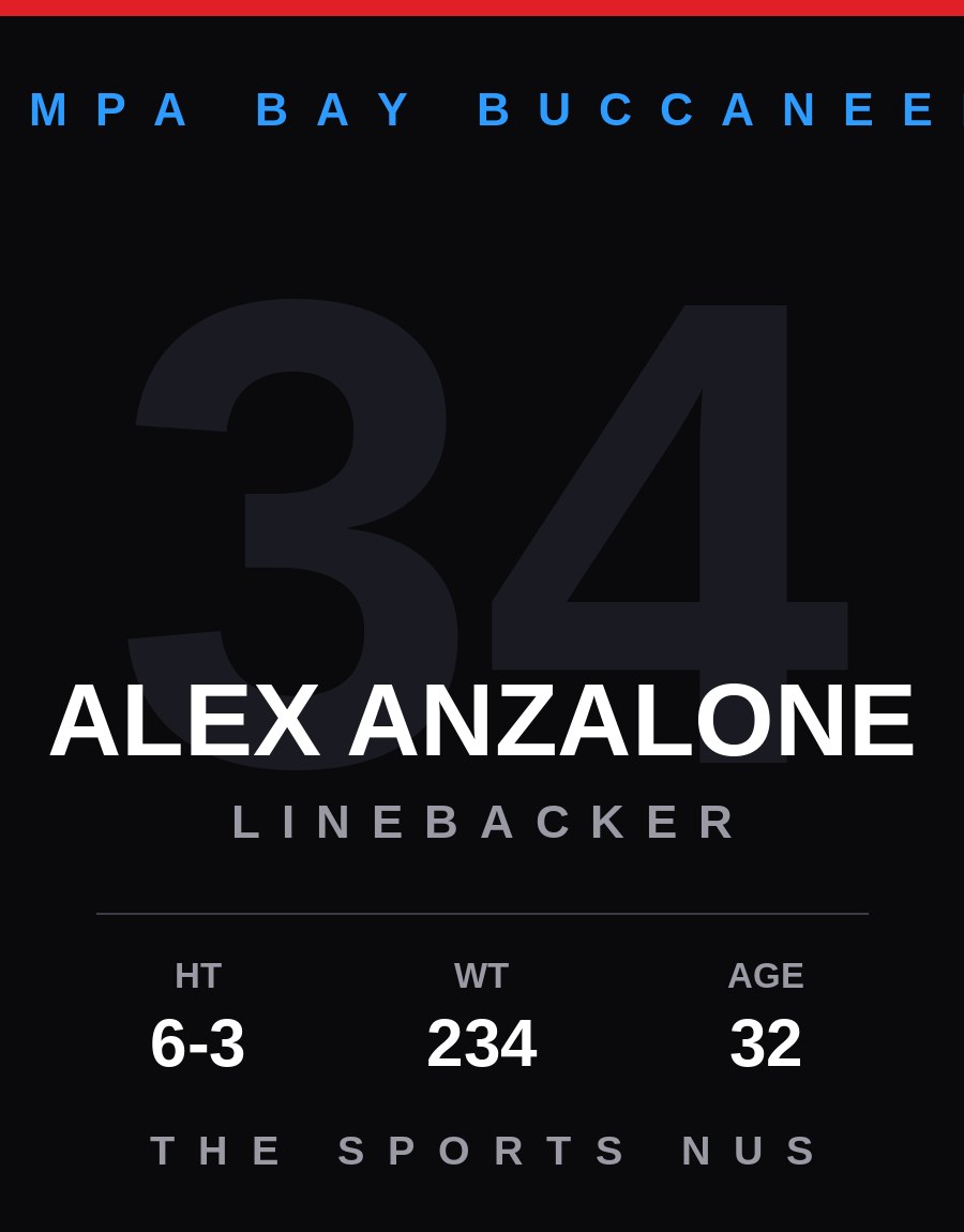 Alex Anzalone player card: Tampa Bay Buccaneers linebacker, number 34