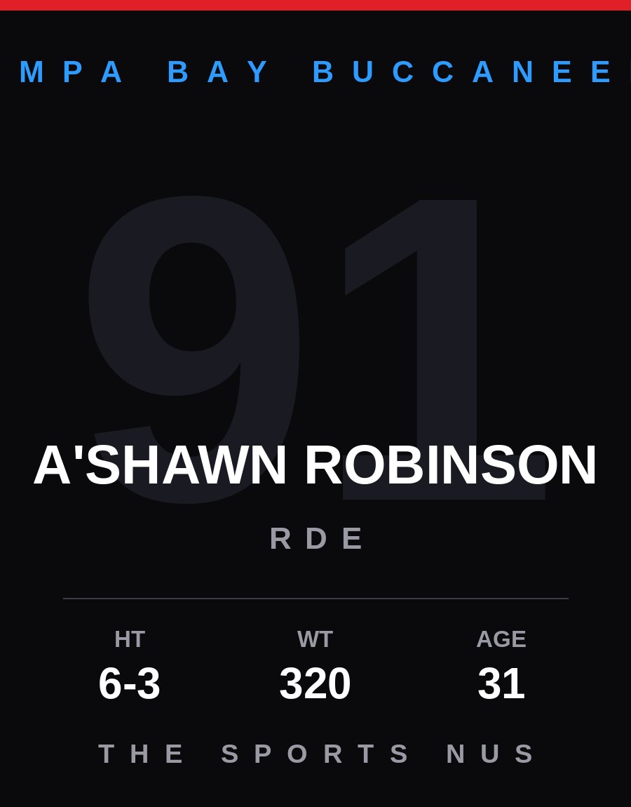 A'Shawn Robinson player card: Tampa Bay Buccaneers rde, number 91