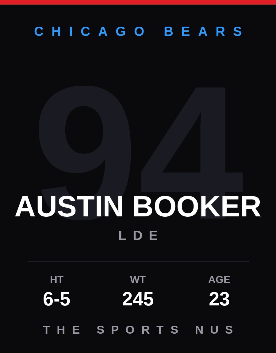 Austin Booker player card: Chicago Bears lde, number 94