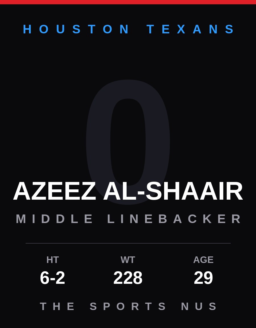 Azeez Al-Shaair player card: Houston Texans middle linebacker, number 