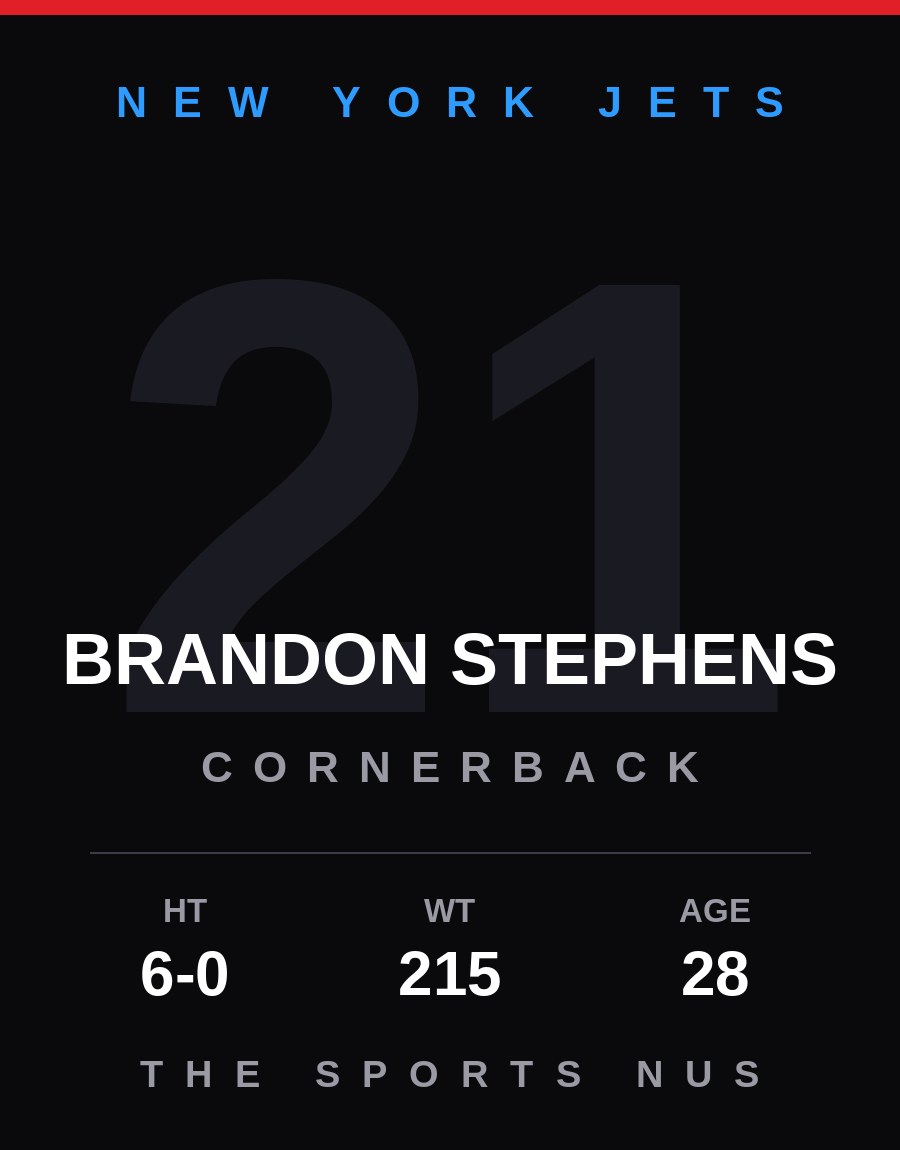 Brandon Stephens player card: New York Jets cornerback, number 21