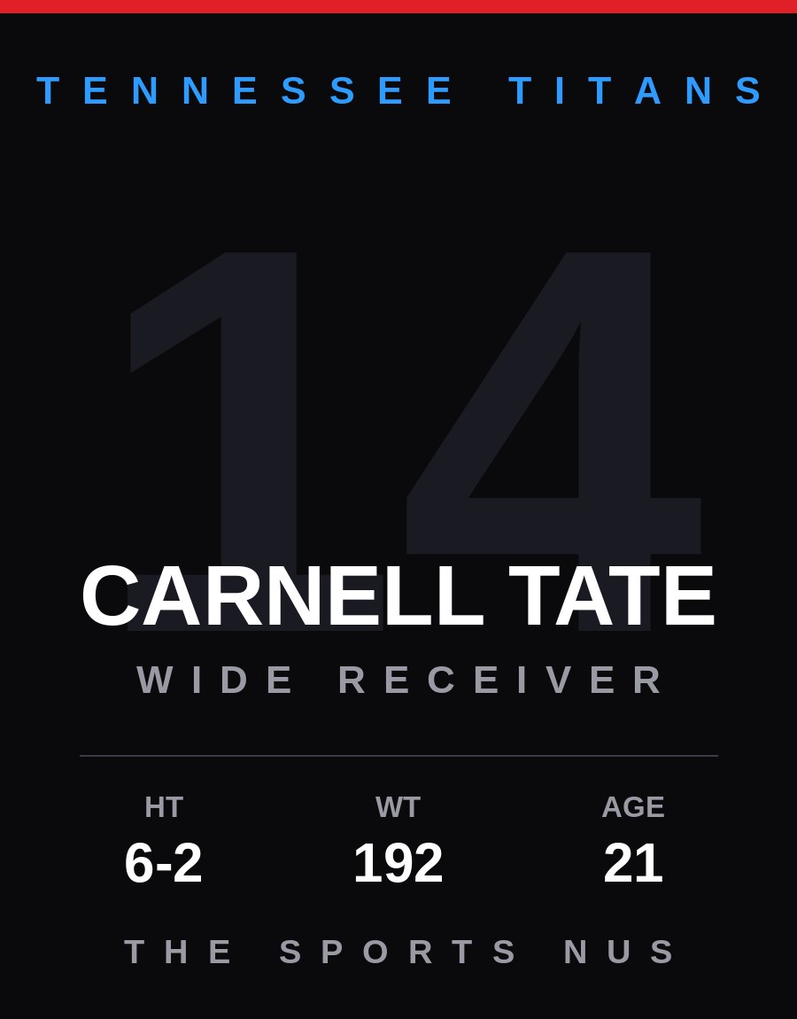Carnell Tate player card: Tennessee Titans wide receiver, number 14