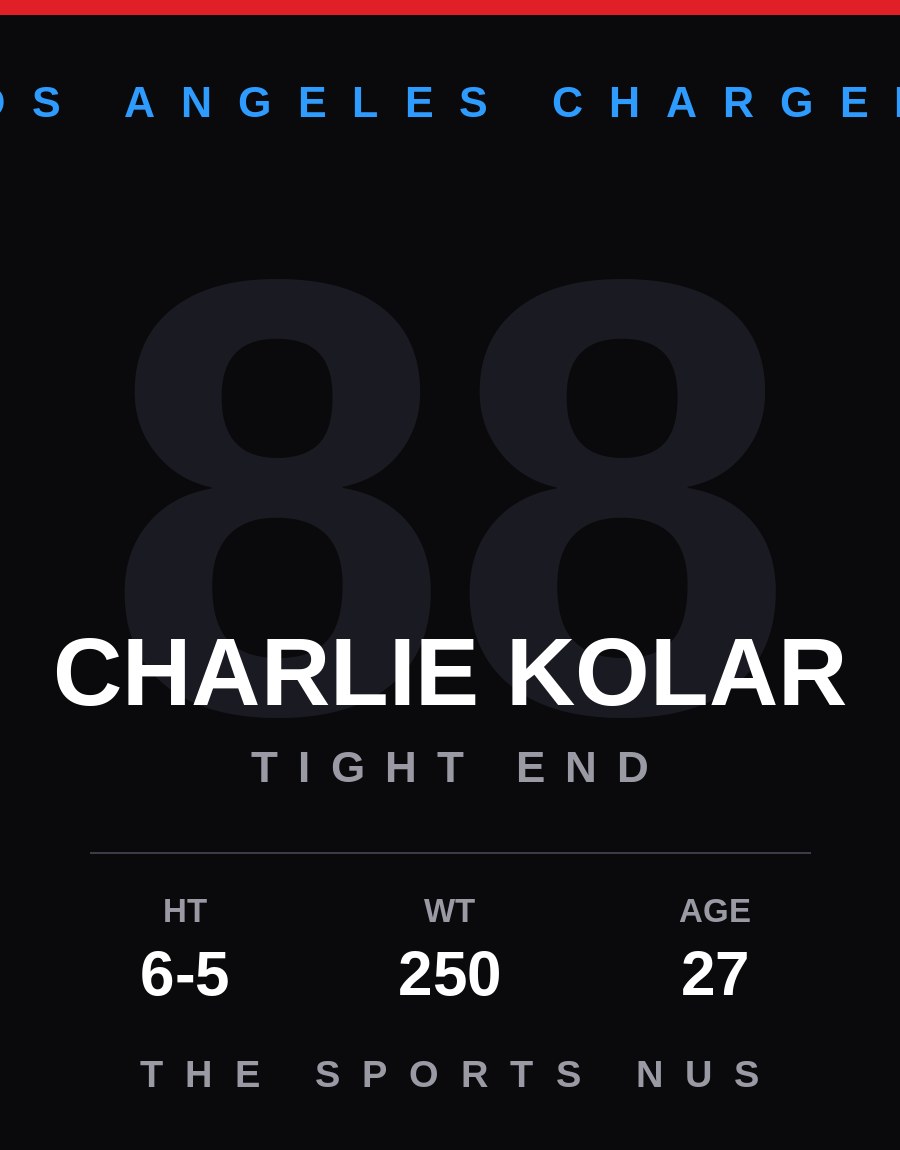 Charlie Kolar player card: Los Angeles Chargers tight end, number 88