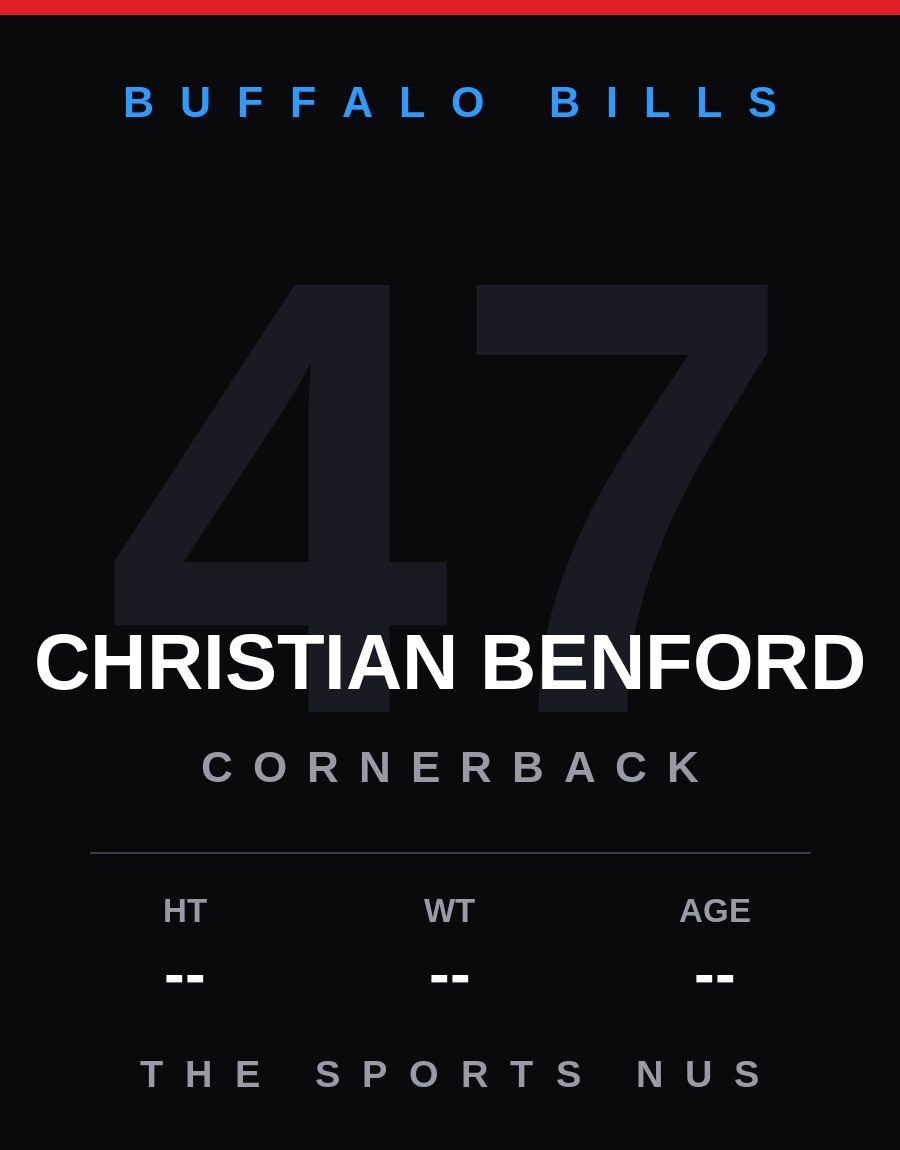 Christian Benford player card: Buffalo Bills cornerback, number 47