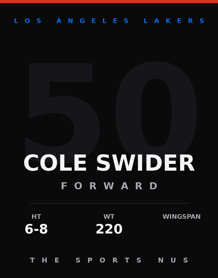 Cole Swider player card: Los Angeles Lakers forward, number 50