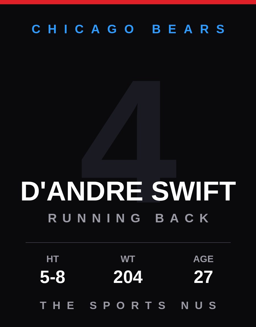 D'Andre Swift player card: Chicago Bears running back, number 4