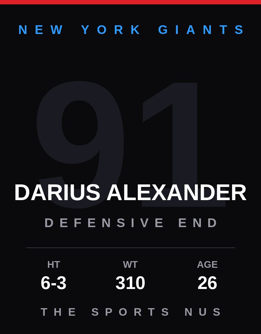 Darius Alexander player card: New York Giants defensive end, number 91