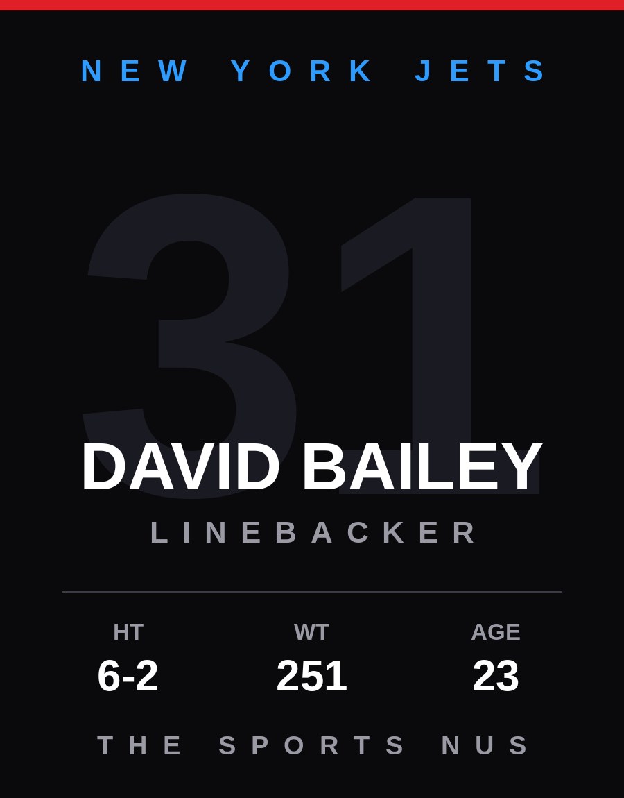 David Bailey player card: New York Jets linebacker, number 31