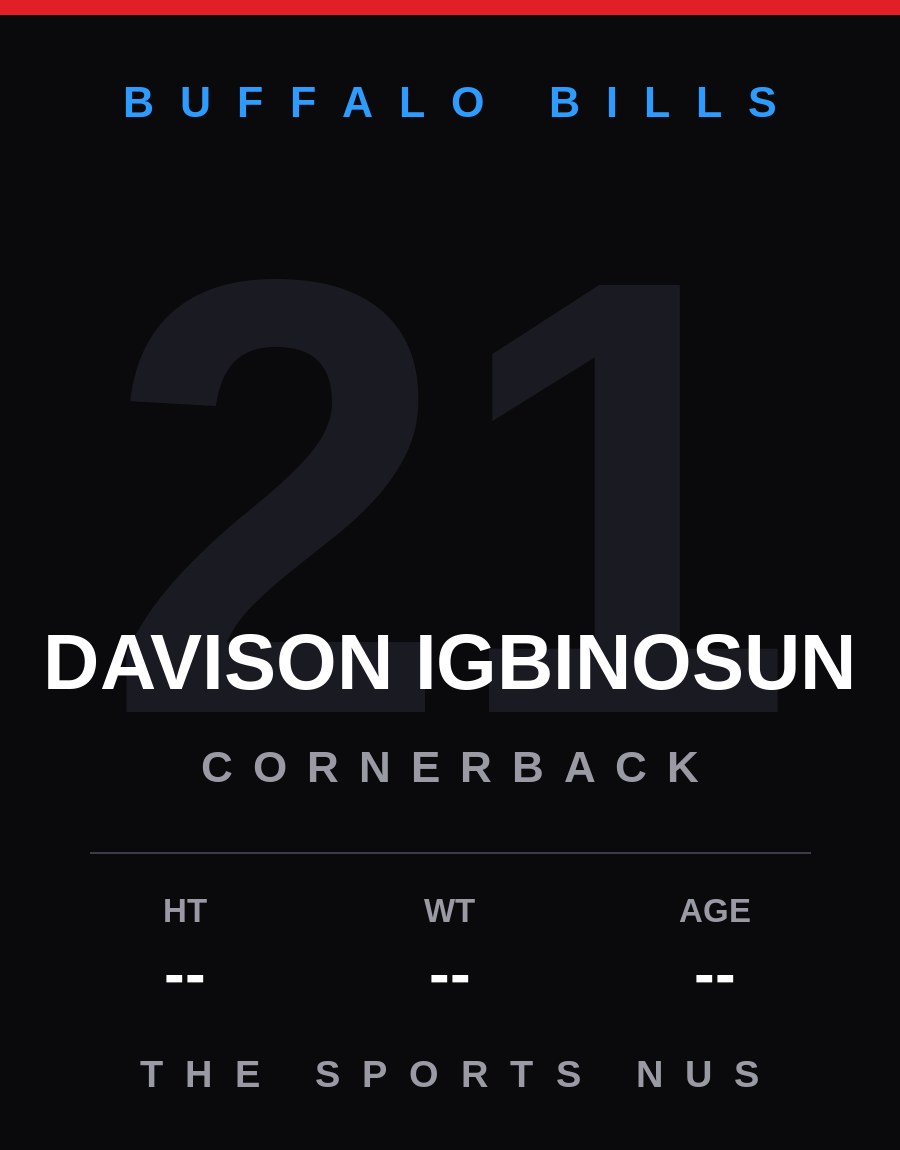 Davison Igbinosun player card: Buffalo Bills cornerback, number 21