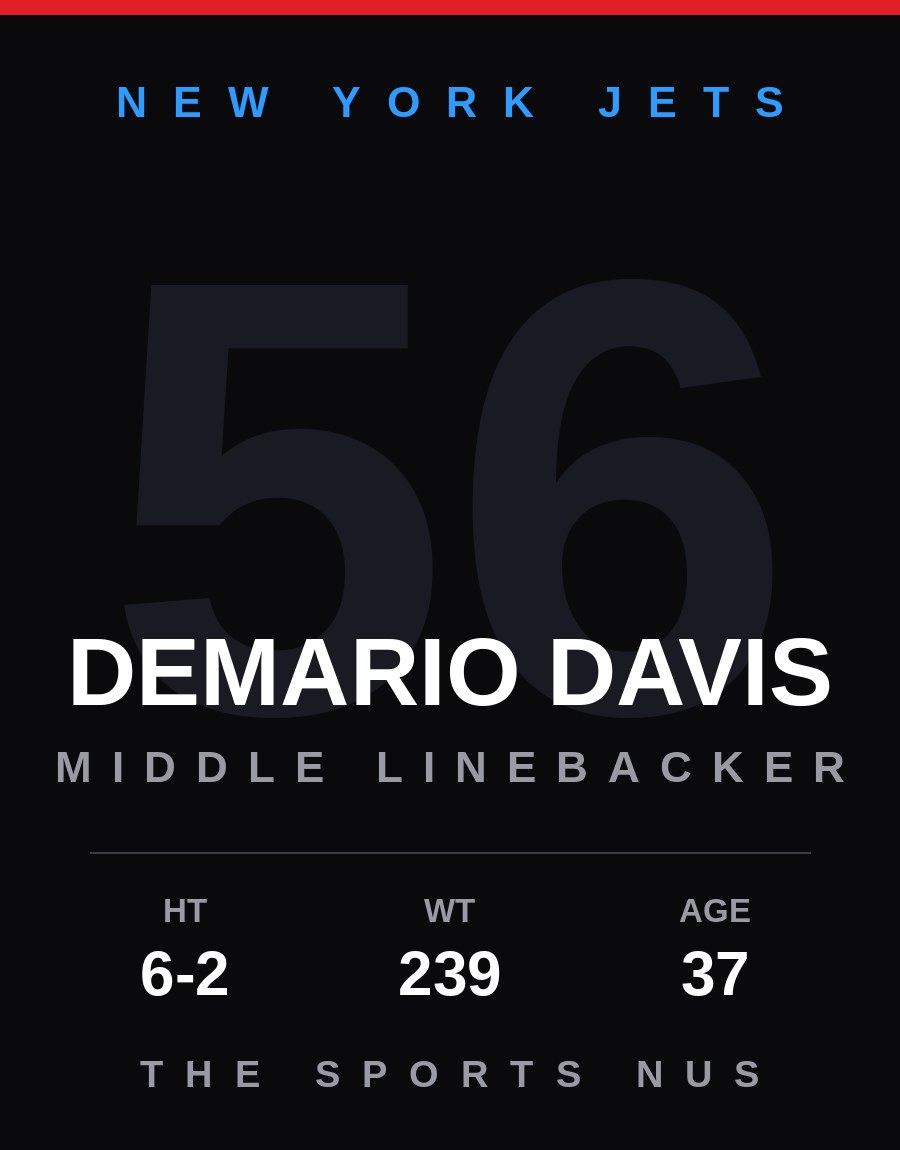 Demario Davis player card: New York Jets middle linebacker, number 56