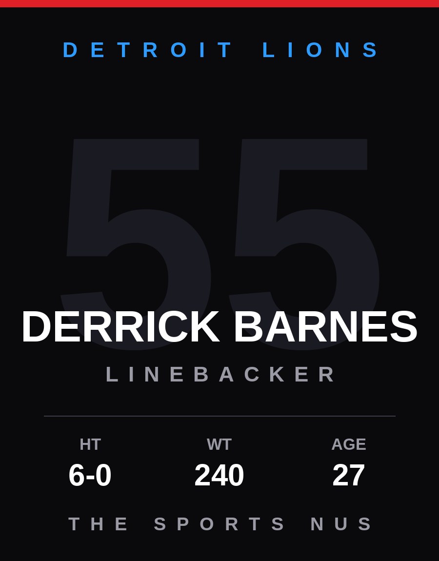 Derrick Barnes player card: Detroit Lions linebacker, number 55