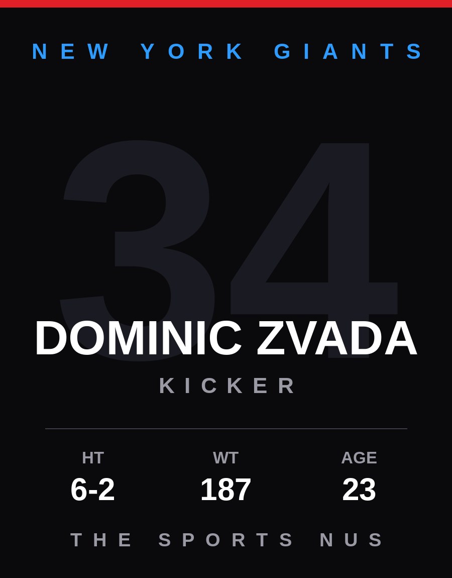 Dominic Zvada player card: New York Giants kicker, number 34