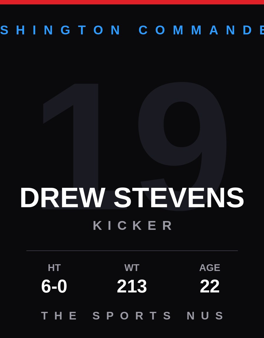 Drew Stevens player card: Washington Commanders kicker, number 19