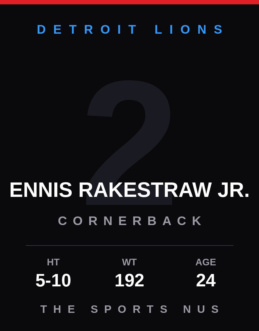 Ennis Rakestraw Jr. player card: Detroit Lions cornerback, number 2