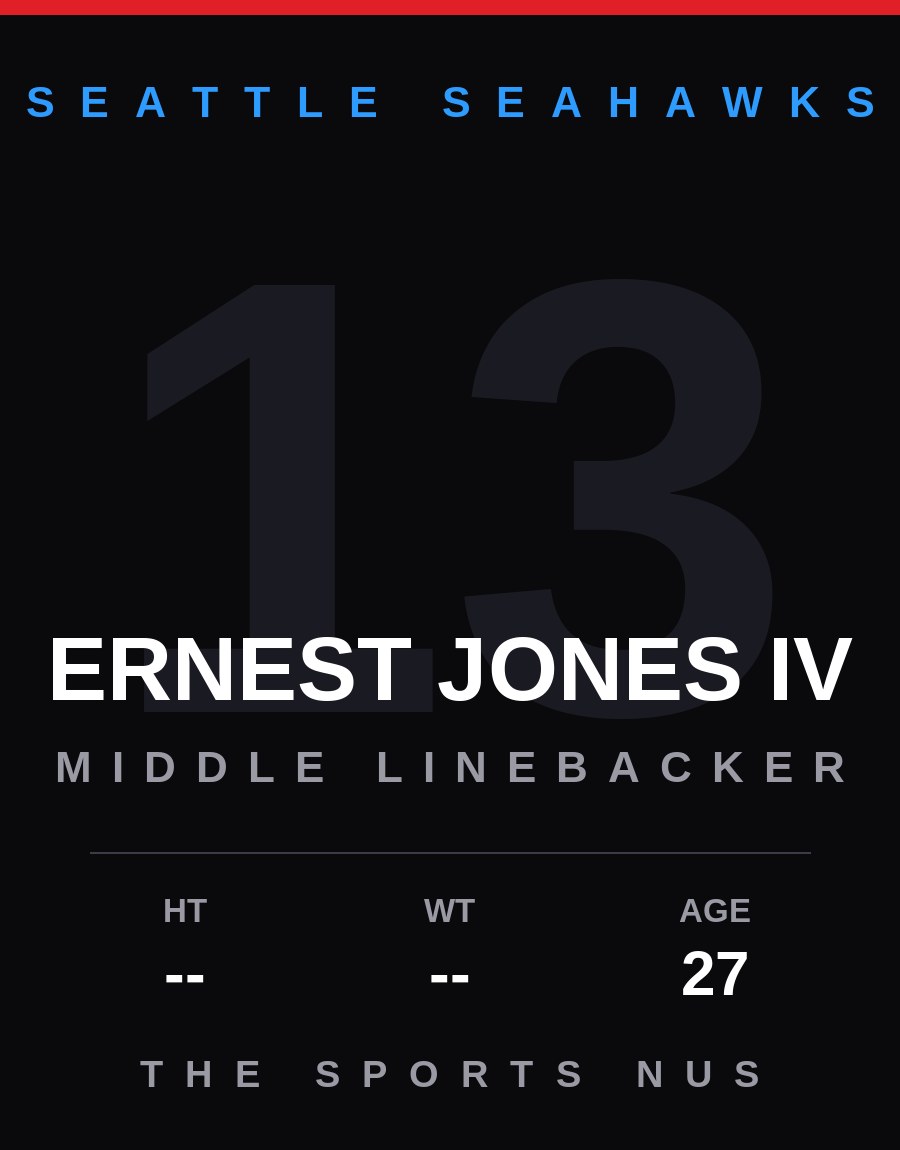 Ernest Jones IV player card: Seattle Seahawks middle linebacker, number 13