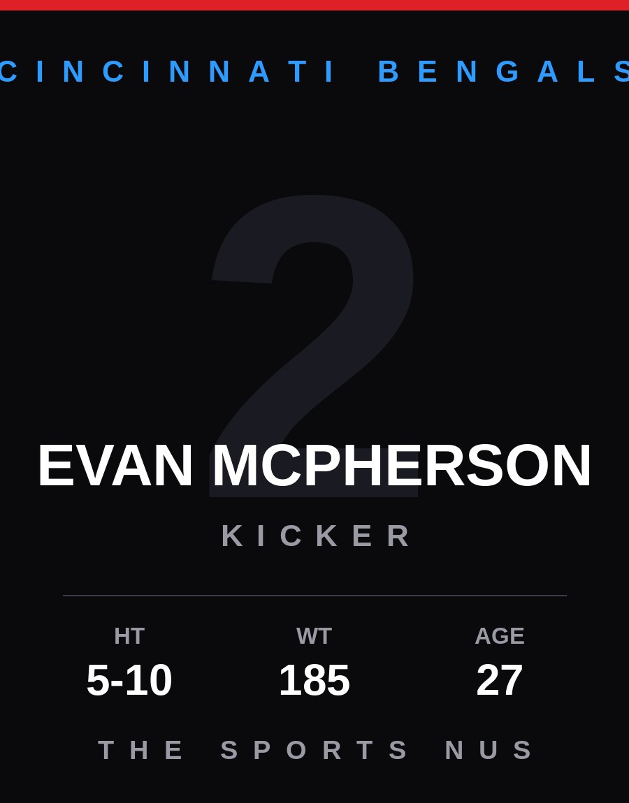 Evan McPherson player card: Cincinnati Bengals kicker, number 2
