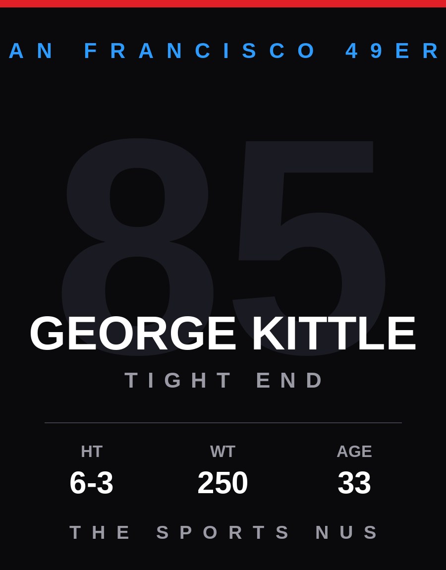 George Kittle player card: San Francisco 49ers tight end, number 85