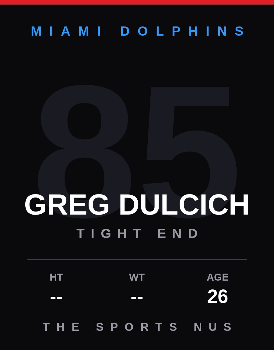 Greg Dulcich player card: Miami Dolphins tight end, number 85