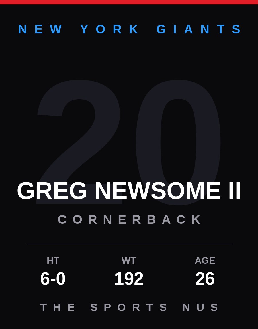 Greg Newsome II player card: New York Giants cornerback, number 20