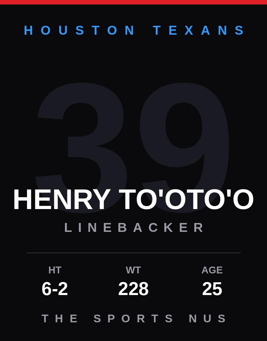 Henry To'oTo'o player card: Houston Texans linebacker, number 39