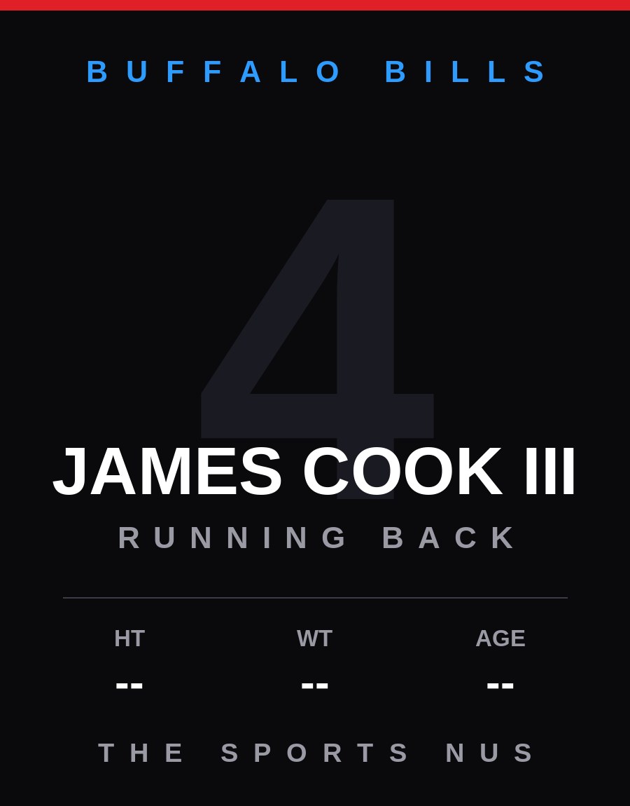 James Cook III player card: Buffalo Bills running back, number 4
