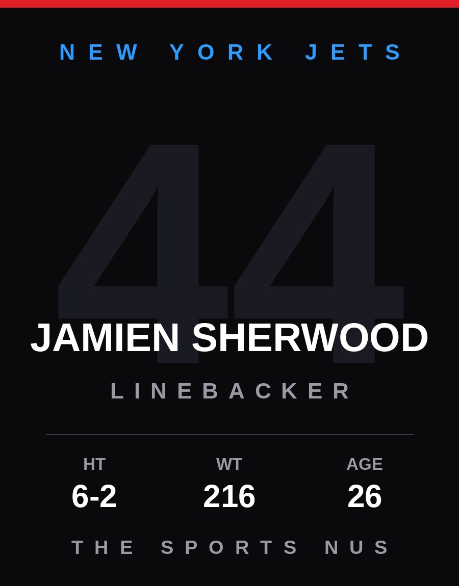 Jamien Sherwood player card: New York Jets linebacker, number 44
