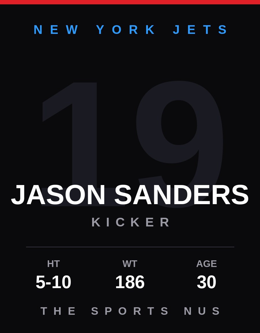 Jason Sanders player card: New York Jets kicker, number 19