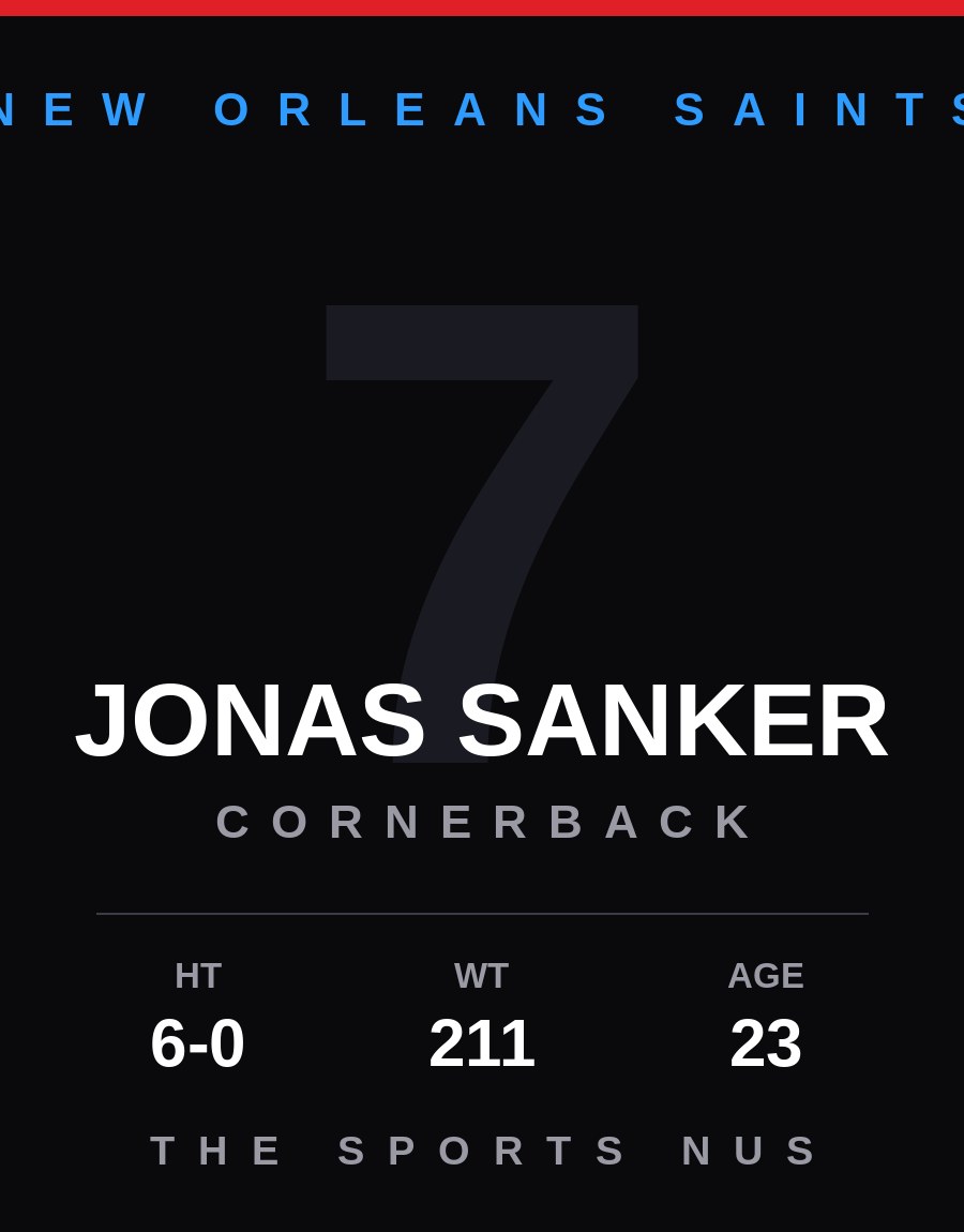 Jonas Sanker player card: New Orleans Saints cornerback, number 7
