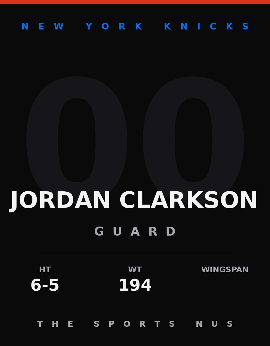 Jordan Clarkson player card: New York Knicks guard, number 00