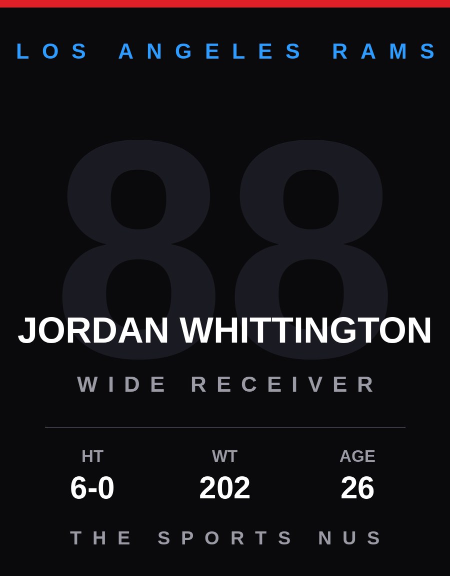 Jordan Whittington player card: Los Angeles Rams wide receiver / kick returner, number 88