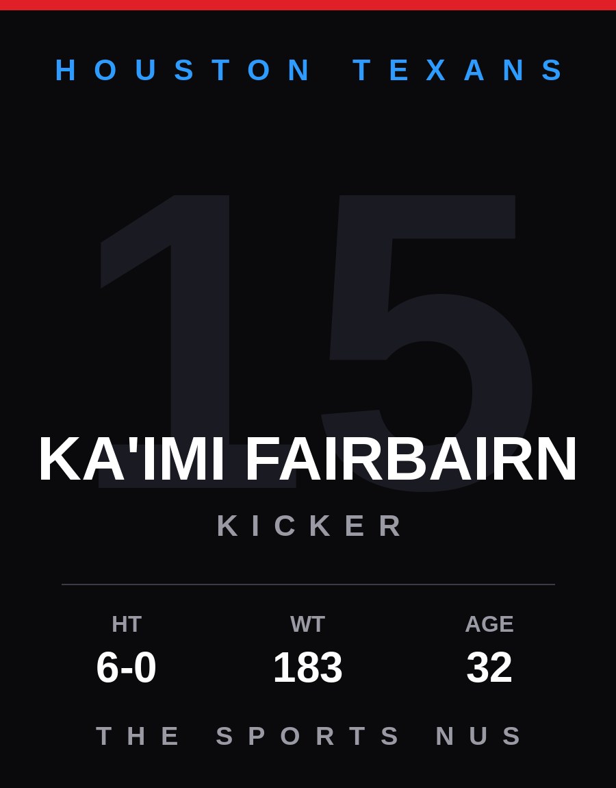 Ka'imi Fairbairn player card: Houston Texans kicker, number 15