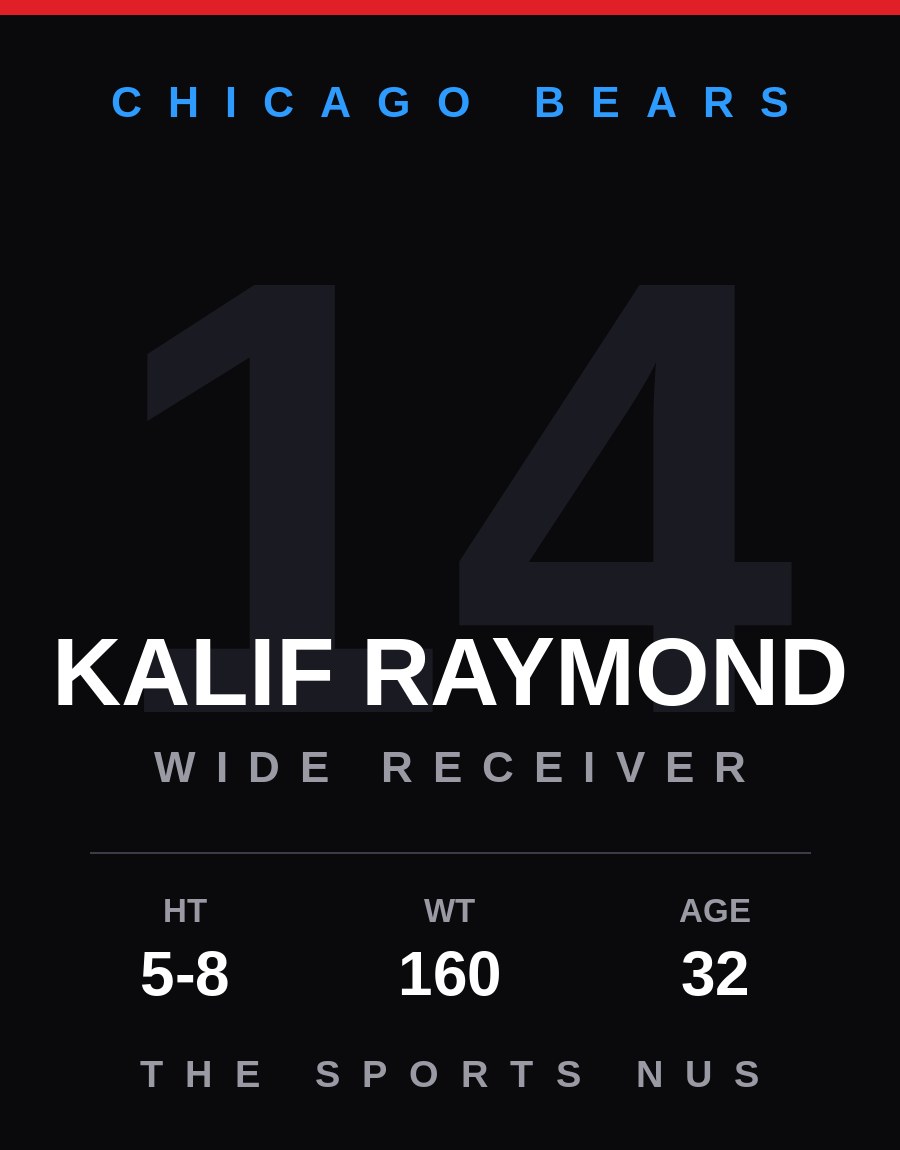 Kalif Raymond player card: Chicago Bears wide receiver / punt returner, number 14
