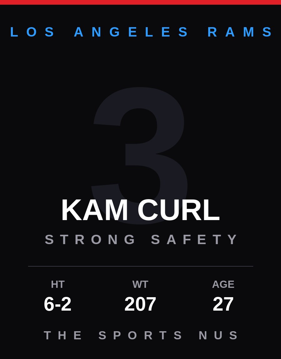Kam Curl player card: Los Angeles Rams strong safety, number 3