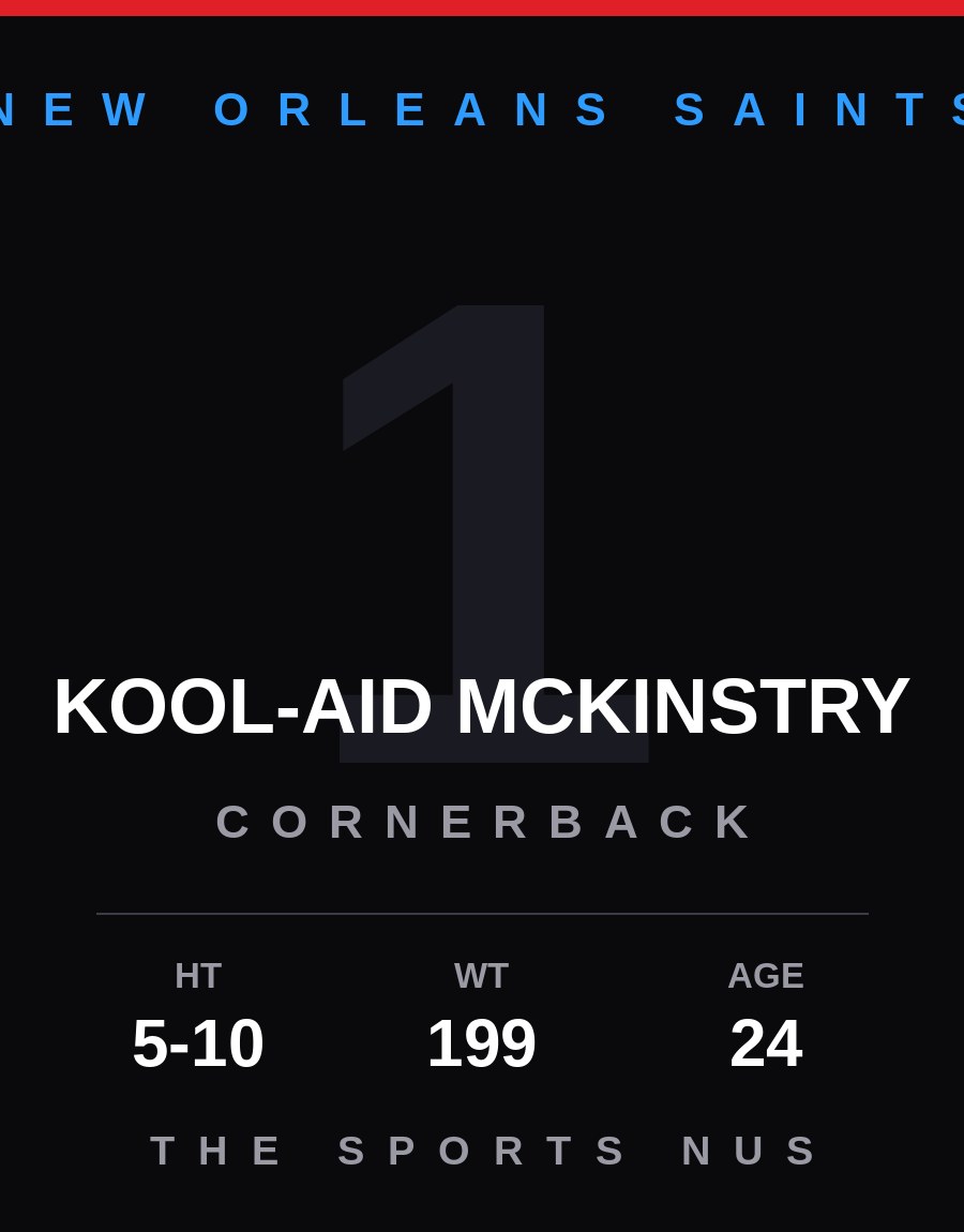 Kool-Aid McKinstry player card: New Orleans Saints cornerback, number 1