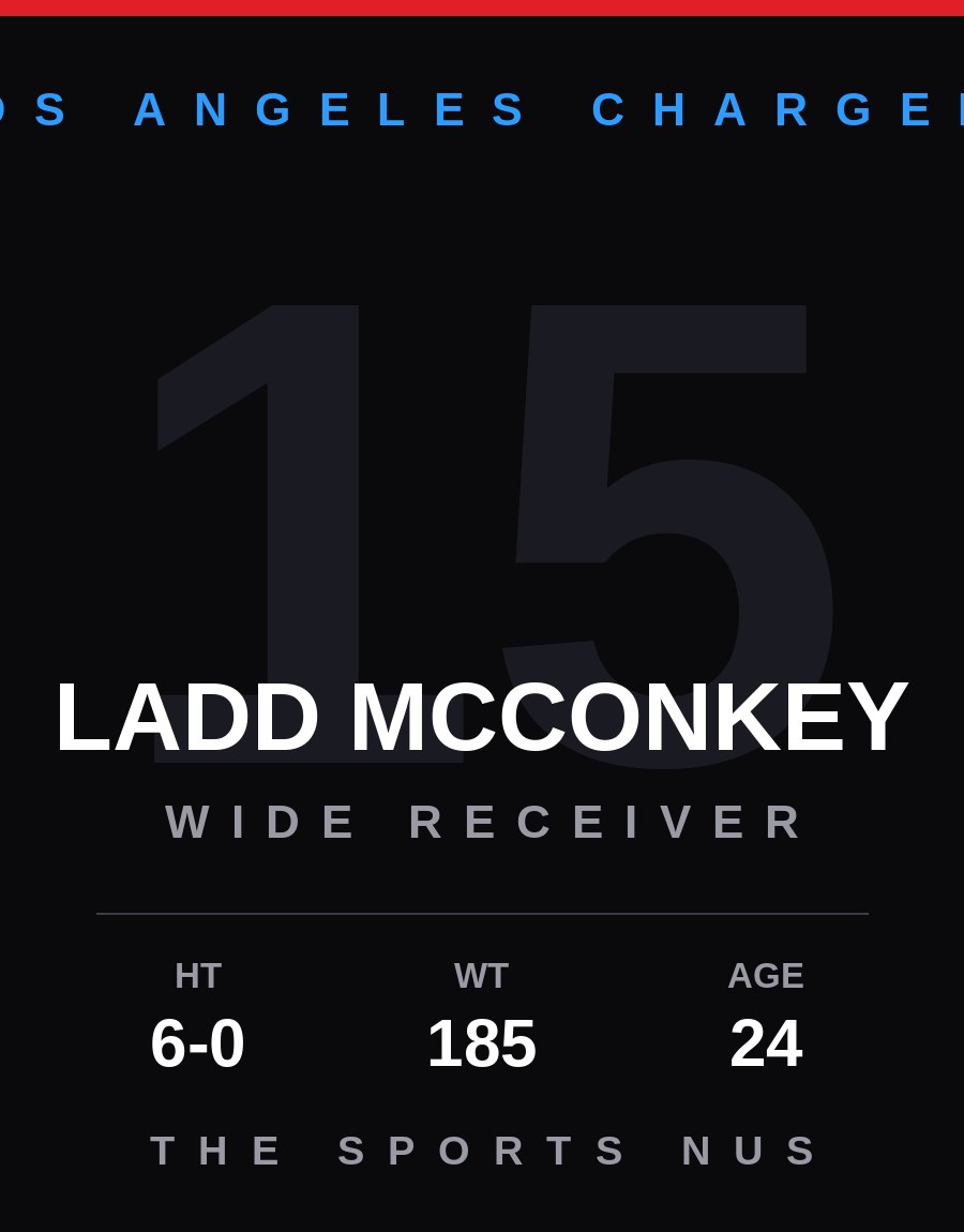 Ladd McConkey player card: Los Angeles Chargers wide receiver / punt returner, number 15
