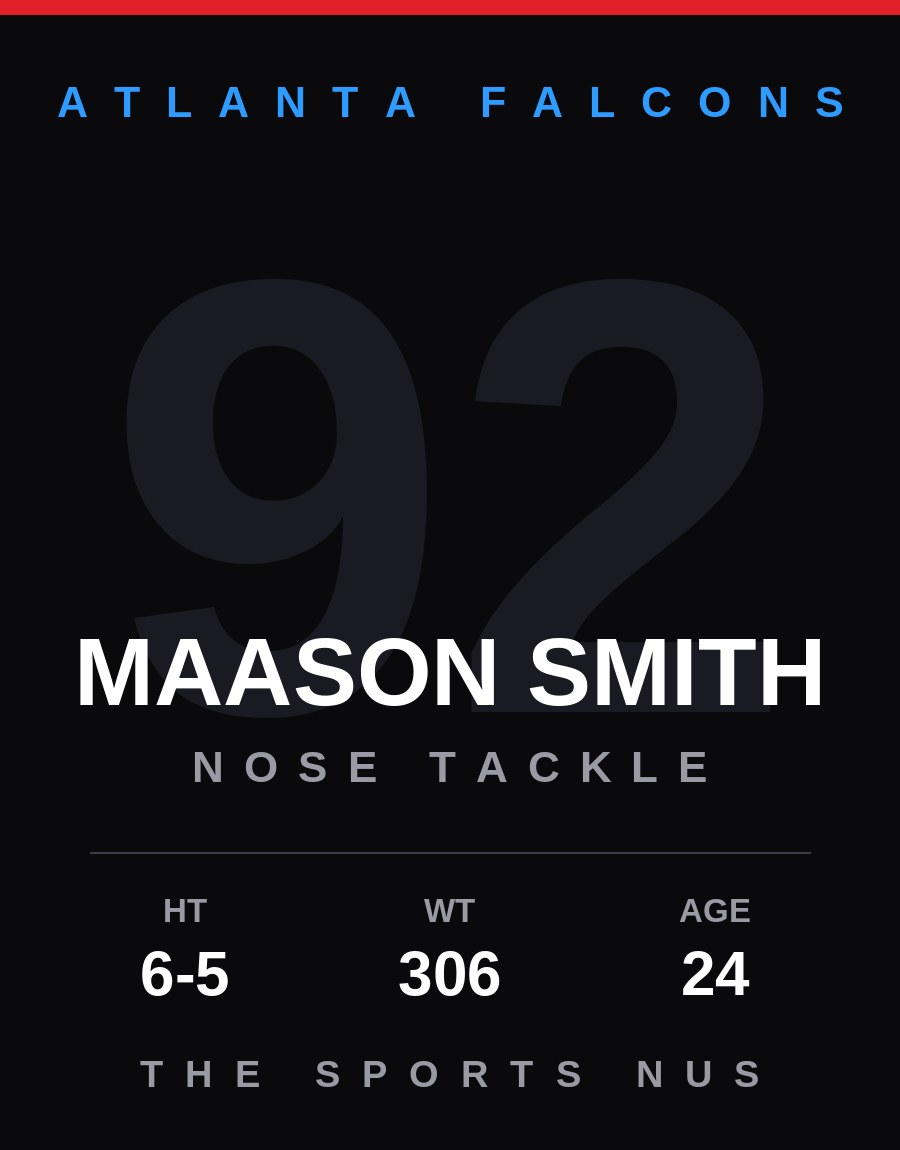 Maason Smith player card: Atlanta Falcons nose tackle, number 92