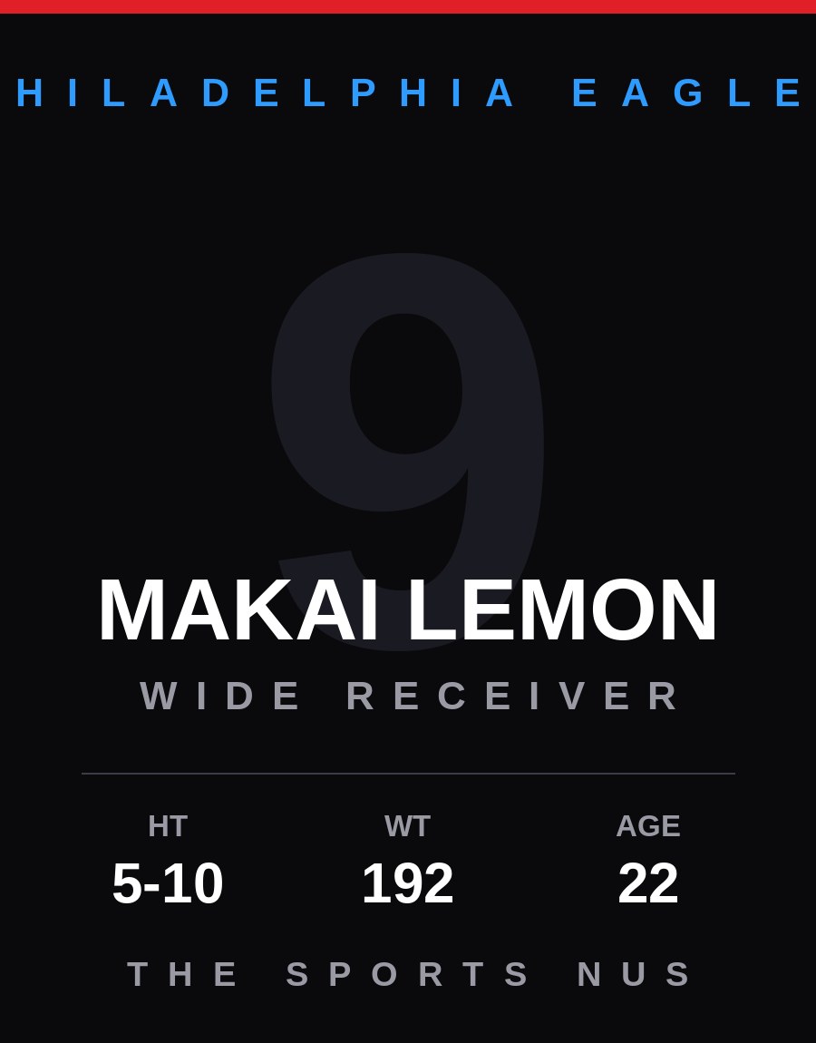 Makai Lemon player card: Philadelphia Eagles wide receiver / punt returner, number 9