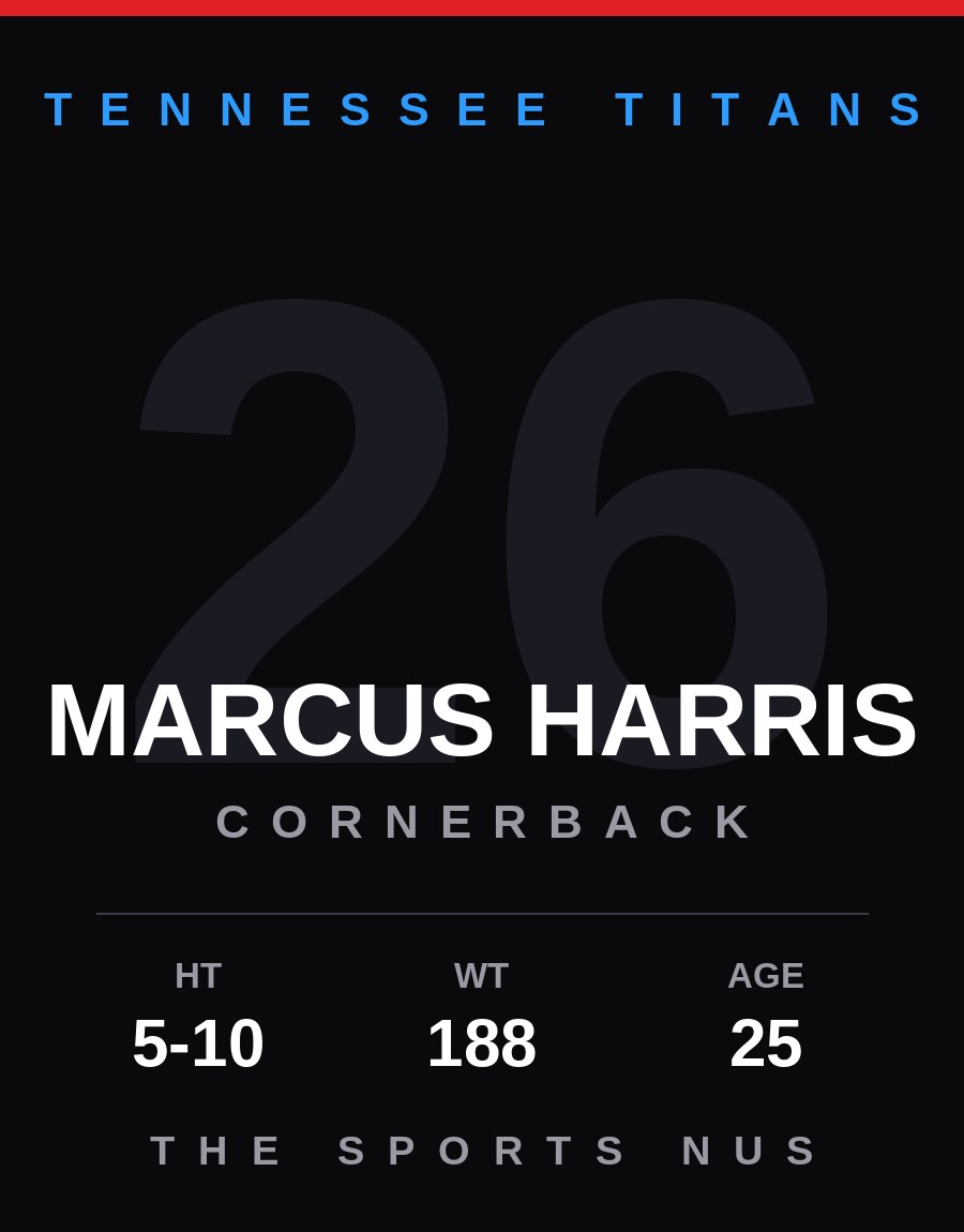 Marcus Harris player card: Tennessee Titans cornerback, number 26
