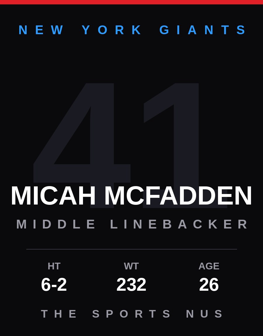 Micah McFadden player card: New York Giants middle linebacker, number 41