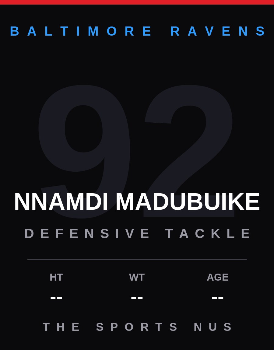 Nnamdi Madubuike player card: Baltimore Ravens defensive tackle, number 92