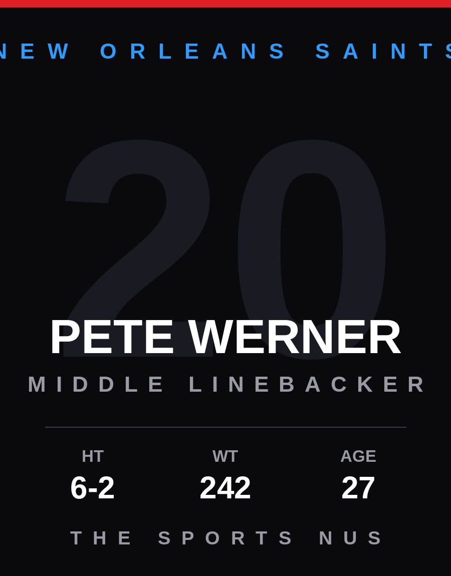 Pete Werner player card: New Orleans Saints middle linebacker, number 20