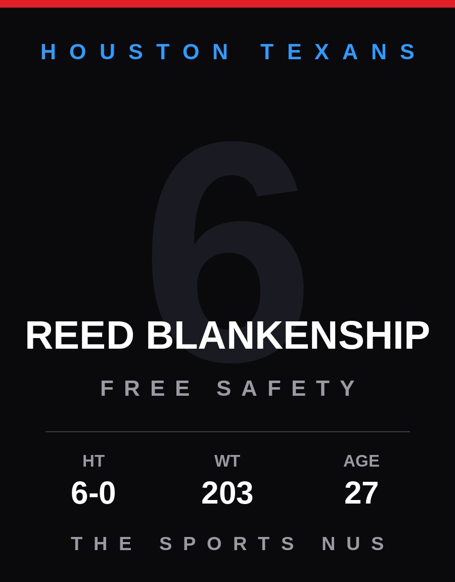 Reed Blankenship player card: Houston Texans free safety, number 6