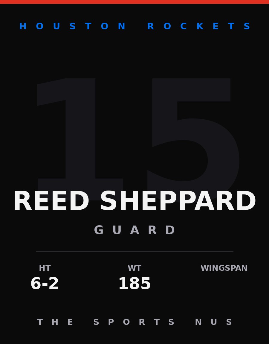 Reed Sheppard player card: Houston Rockets guard, number 15