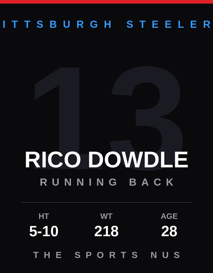Rico Dowdle player card: Pittsburgh Steelers running back / punt returner, number 13