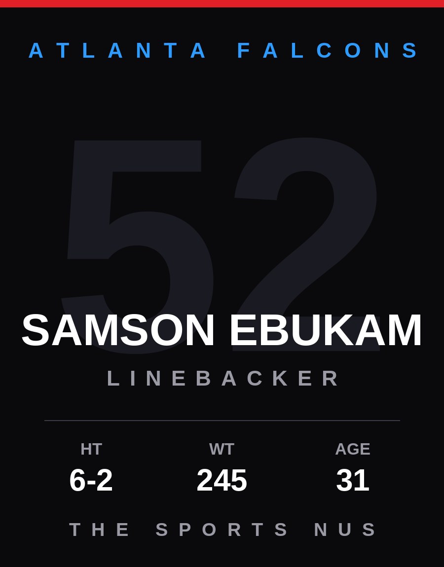 Samson Ebukam player card: Atlanta Falcons linebacker, number 52
