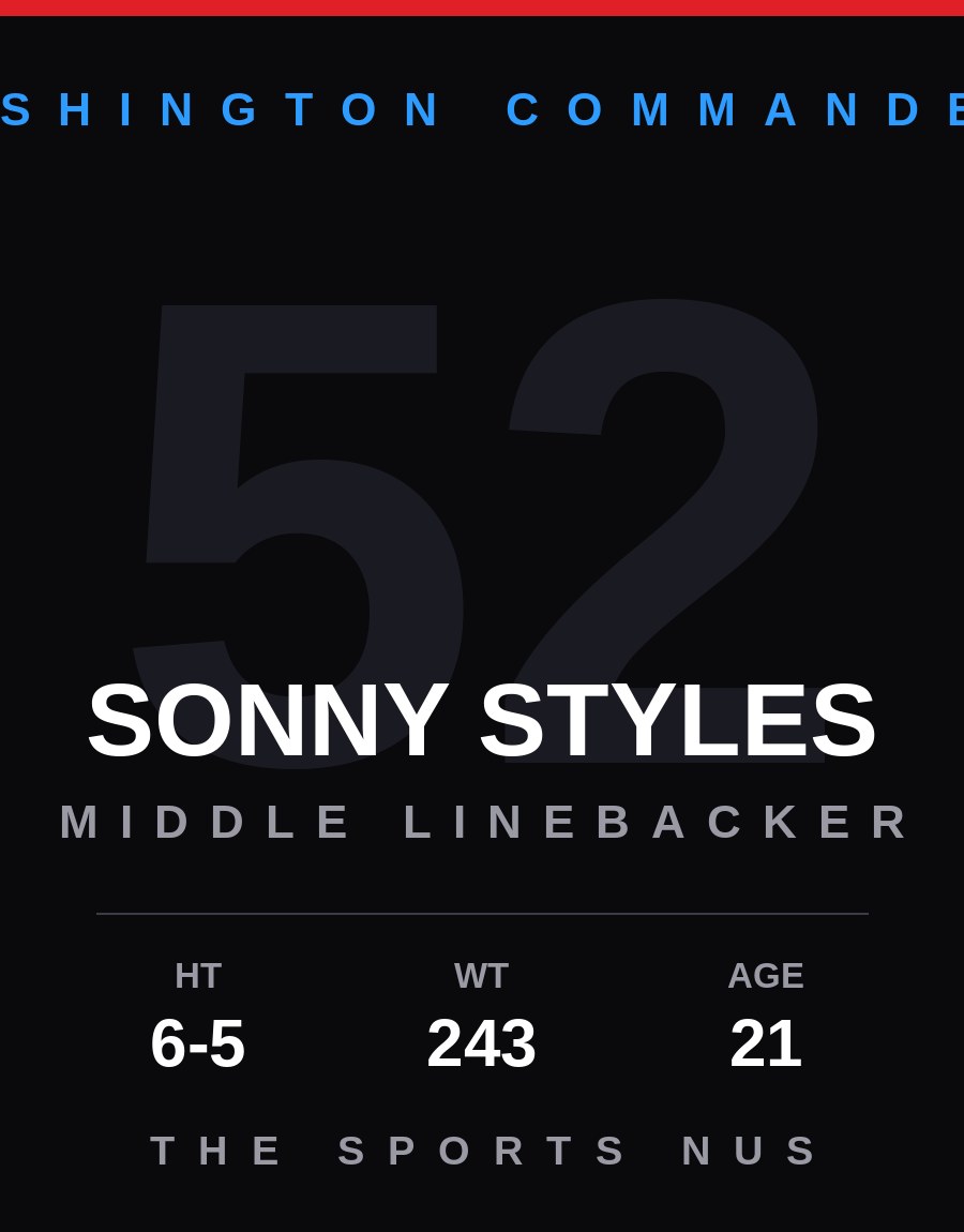 Sonny Styles player card: Washington Commanders middle linebacker, number 52
