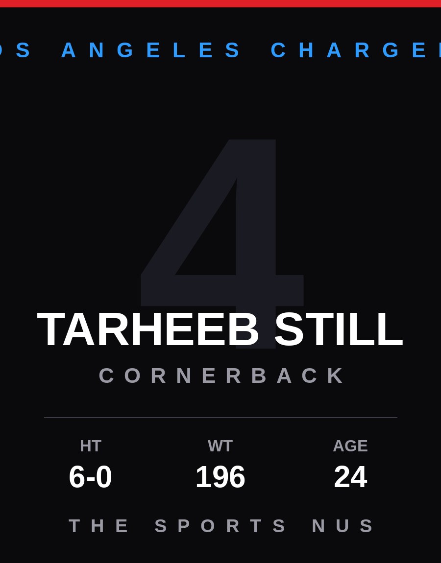 Tarheeb Still player card: Los Angeles Chargers cornerback, number 4