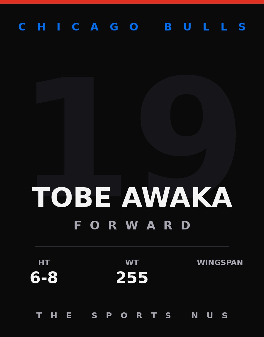 Tobe Awaka player card: Chicago Bulls forward, number 19
