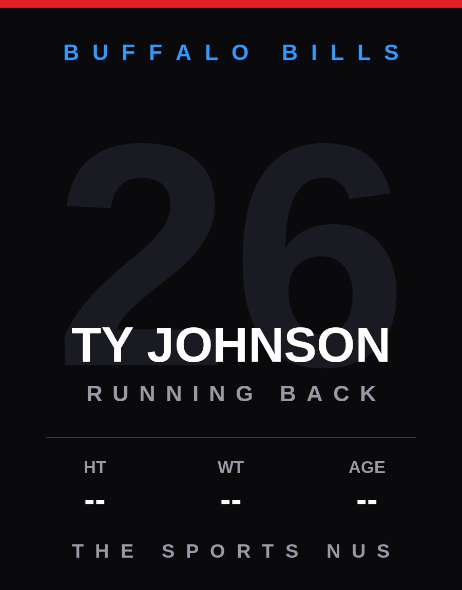 Ty Johnson player card: Buffalo Bills running back / kick returner, number 26